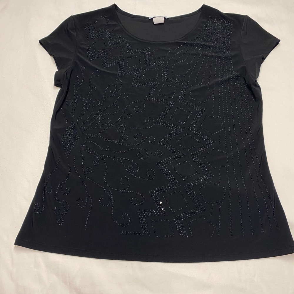 Bleeker & McDougal Black Beaded Short Sleeve Top Blouse XL Made in USA